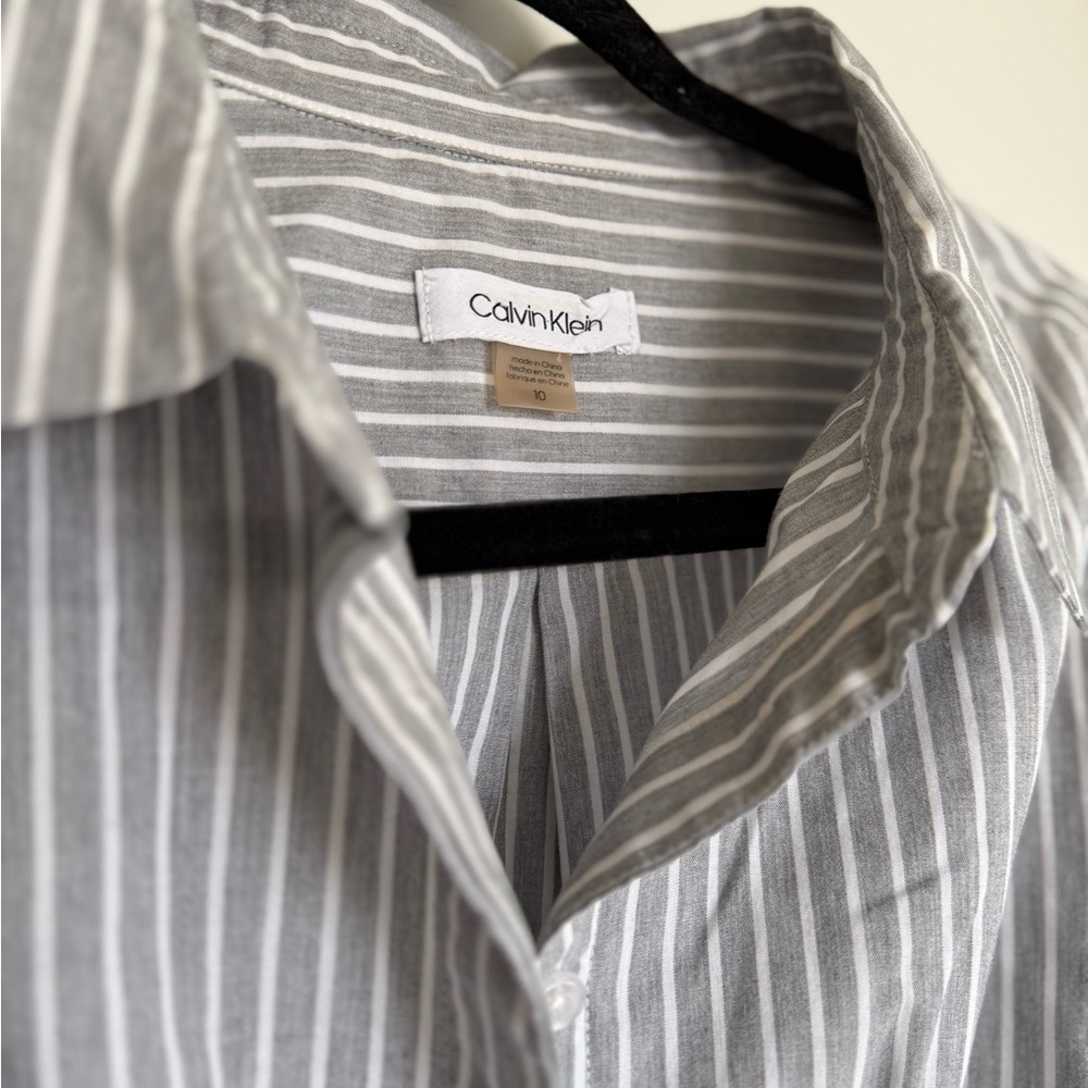 Calvin Klein Gray and White Striped Tie-Waist Shirt Dress